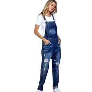 VICI Overalls Distressed Dark Blue Sz Small AMAZING Frayed JEANS Straight Leg